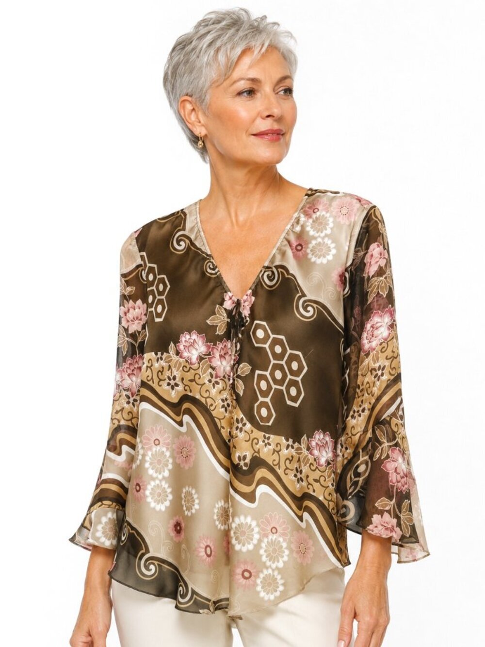 Anne Carson Brown Tan Pink Silk Flutter Sleeve Top
